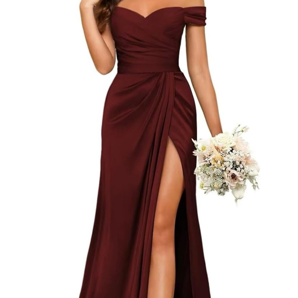 Gorgeous Burgundy Off Shoulder w Slit Long Ruched Satin Dessiny Women’s NWT S-16